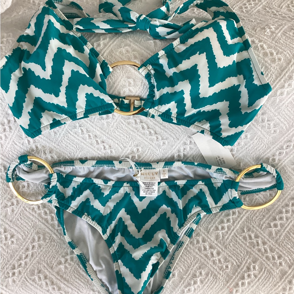 Milly Cabana Teal And White Chevron Bikini Set With Gold Accents Sz S Nwt